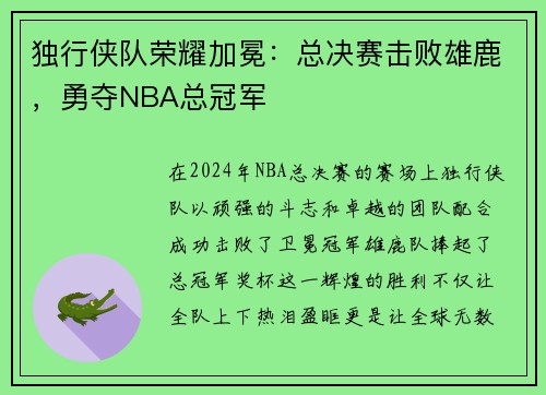 独行侠队荣耀加冕：总决赛击败雄鹿，勇夺NBA总冠军