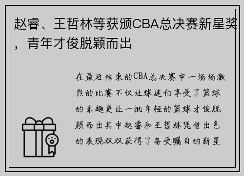 赵睿、王哲林等获颁CBA总决赛新星奖，青年才俊脱颖而出